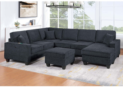 5 Piece Sectional Set With USB Port Left Arm Loveseat Chaise Right Arm Loveseat Corner Wedge Armless Chair Ottoman Upholstered - Black / Slate