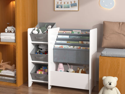 Bookshelf And Toy Storage Organizer, Multifunctional 4 Tier With 3 Collapsible Drawers - White