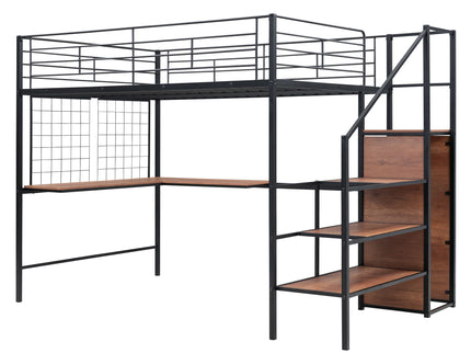 Loft Bed With Desk And Grid, Stylish Frame With Lateral Storage Ladder And Wardrobe