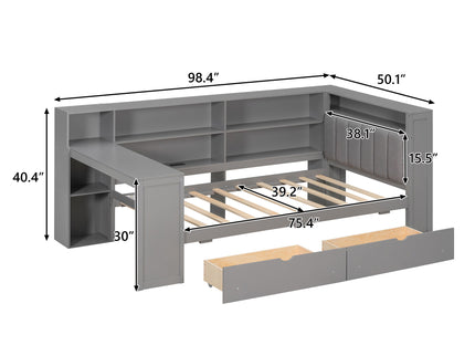 Platform Bed With Upholstered Headboard, Storage Shelves, Drawers, Charging Station, LED Lighting, Built In Desk