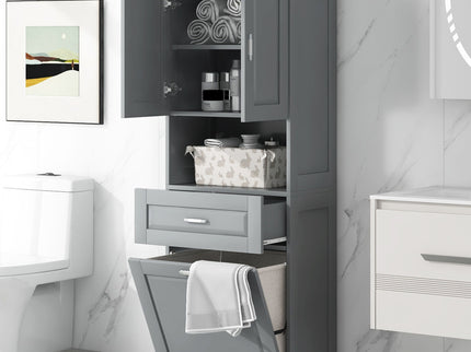 Tall Bathroom Cabinet With Tilt-Out Laundry Basket And Upper Storage