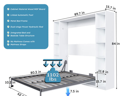 Queen Murphy Bed With Storage Cabinet, Foldable Wall Bed For Bedrooms - White