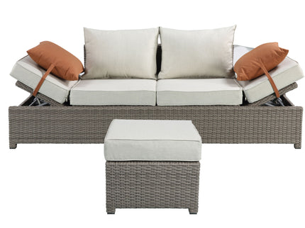 Salena - All Weather Wicker Patio Sofa & Ottoman With 2 Toss Pillows - Beige / Gray