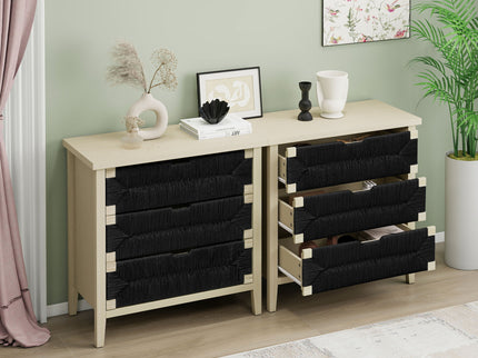 3 Drawer Buffet Sideboard With Adjustable Shelves, Storage Cabinet With Natural Seaweed Decor Doors For Living Room Kitchen Entryway - Natural