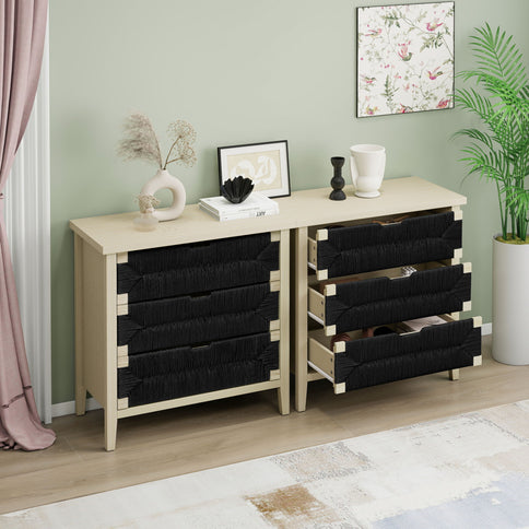 3 Drawer Buffet Sideboard With Adjustable Shelves, Storage Cabinet With Natural Seaweed Decor Doors For Living Room Kitchen Entryway - Natural