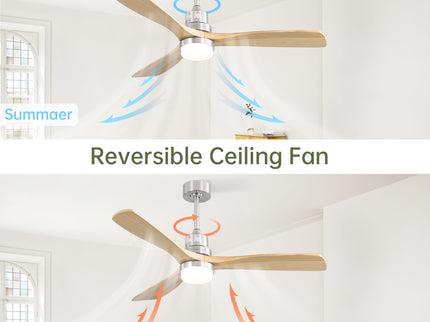 Ceiling Fan With Dimmable LED Light 6 Speed Remote 3 Wood Blade Reversible DC Motor For Bedroom - Brushed Nickel