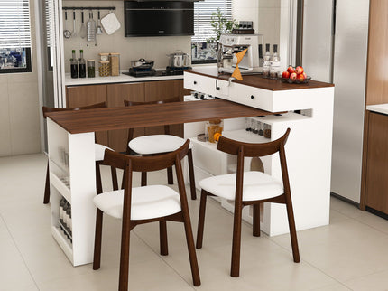 Retro Kitchen Island Set With Chairs, Extendable & Rotating Table, 4 Drawers & Door Cabinets