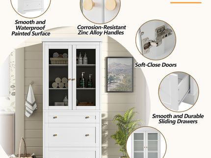 Freestanding Tall Bathroom Cabinet With Adjustable Shelves, Drawers, Soft Close Glass Doors