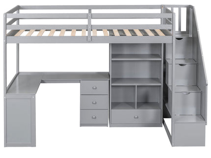 Loft Bed With L Shaped Desk, Drawers, Cabinet, And Storage Staircase