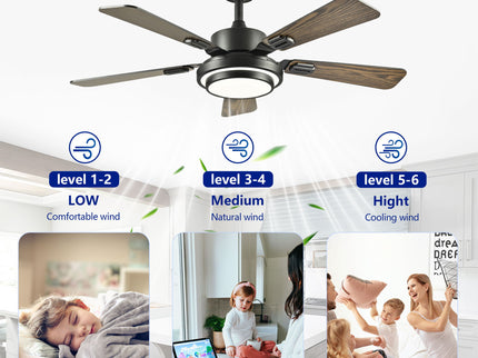 5 Blades Ceiling Fan With LED Light 3000 - 6500K Dimmable, 6 Speed Levels, Reversible Ceiling Fan - Matte Black