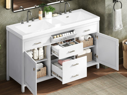 Double Sink Bathroom Vanity With Top, Soft Closing Doors & Drawers, Tip Out Drawer, 2 Cabinet Doors, Adjustable Shelf - White