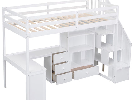 Loft Bed With L Shaped Desk, Drawers, Cabinet, And Storage Staircase
