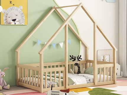 Wood House-Shaped Floor Bed With Fence, Guardrails