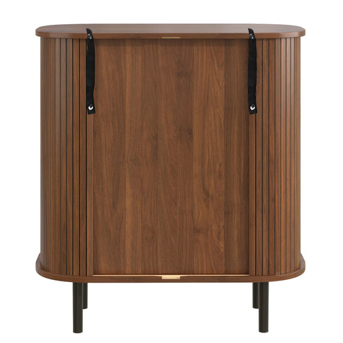 Fluted Wine Bar Cabinet With 8 Grid Wine Rack, 5 Level Adjustable Shelves, 2 Glass Holders