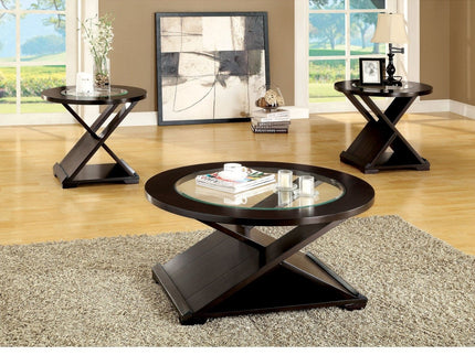 Coffee Table With Cross Design Base, Beveled Glass Top - Espresso