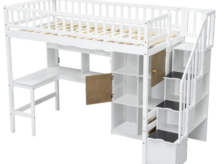 Loft Bed With Built In L Shaped Desk, LED Lights, Storage Shelves, Cabinets, And Staircase