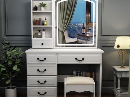 Fashion Vanity Desk With Mirror And Adjustable Lighting, 6 Drawers, 3 Color Light Modes - White