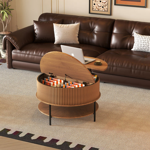 Lift Top Coffee Table, Round Storage Cocktail Table With Reinforced Legs, Safe Rounded Design - Brown
