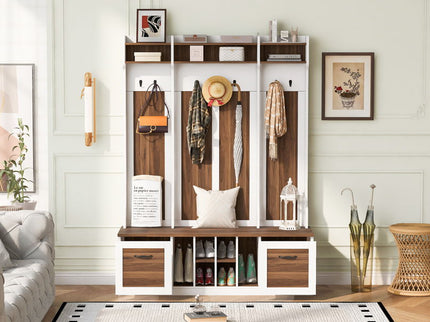 5 In 1 Entryway Bench With Coat Rack, 7 Sturdy Hooks, 2 Spacious Drawers And Adjustable Shelves