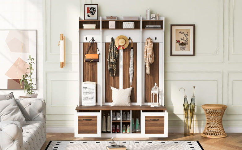 5 In 1 Entryway Bench With Coat Rack, 7 Sturdy Hooks, 2 Spacious Drawers And Adjustable Shelves