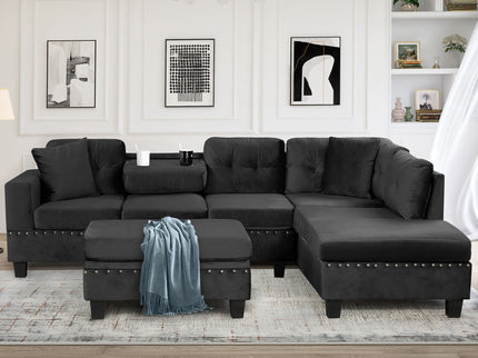 Modern Sectional Sofa With Storage Ottoman, L - Shape Couch With 2 Pillows And Cup Holders