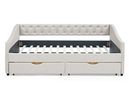 Upholstered Tufted Daybed With Drawers, Waved Arms