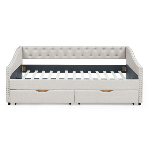 Upholstered Tufted Daybed With Drawers, Waved Arms
