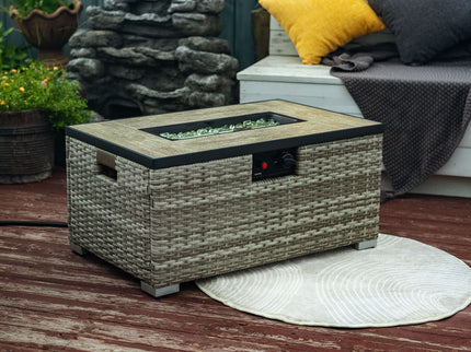 32" Propane Gas Fire Pit Table With Propane Tank Cover, 50000 Btu Rectangular Steel Fire Pit With Beautiful Wicker Base