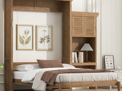 Queen Size Murphy Bed With Louvered Design And Multiple Storage Shelves - Wood