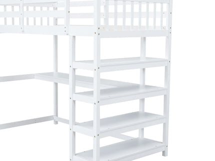 Loft Bed With Storage Shelves And Under Bed Desk