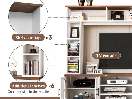Wall Unit Entertainment Center With Bookshelves For TVs Up To 80", Tempered Glass Doors And Adjustable Shelves