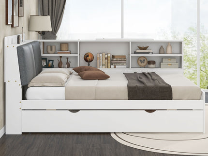 Platform Bed With Trundle, Shelves, And Storage Headboard