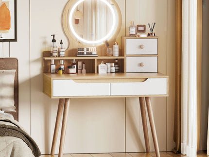 Elegant Makeup Vanity Desk With Adjustable Lighted Mirror Table Feet - American White Oak