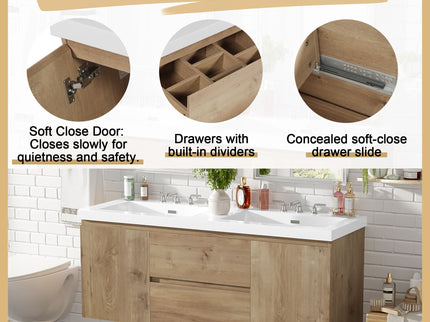 Double Sink Bathroom Vanity, Cabinet & Soft Close Doors, Divided Drawers, Wall Mounted Storage - Wood