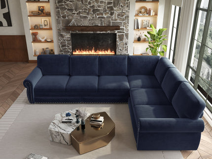 L-Shaped Sofa Couch With Pull Out Bed With Nailhead Trim & Rolled Arm
