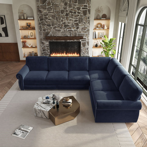 L-Shaped Sofa Couch With Pull Out Bed With Nailhead Trim & Rolled Arm