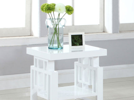 Rectangular End Table With Geometric Design And Open Shelf - White
