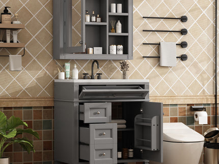 Bathroom Vanity With Medicine Cabinet, Royal Mirror Cabinet, Modern Bathroom Storage Cabinet With 2 Soft Closing Doors And 4 Drawers