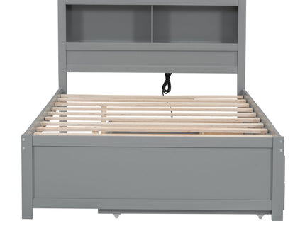 Full Size Platform Bed With Trundle, Drawers, USB Ports And Built In Shelves - Gray