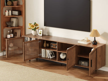 TV Stand For TVs, Entertainment Center With Closed Storage & Cable Management, Soft Closing Hinges - Walnut