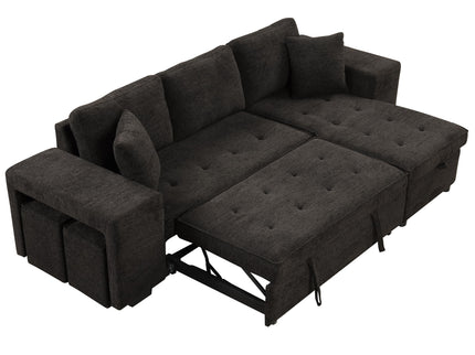Modern L-Shape 3 Seat Reversible Sectional Couch, Pull Out Sleeper Sofa With Storage Chaise And 2 Stools For Living Room Furniture Set