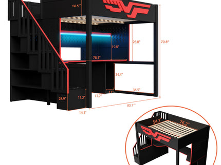 Full Gaming Loft Bed With Desk And Storage Staircase, LED Lights And USB - Red / Black