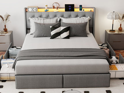 Platform Bed Frame With RGB LED Lights, Charging Station, Storage Headboard & 4 Underbed Drawers