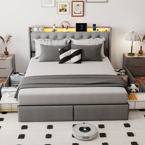 Platform Bed Frame With RGB LED Lights, Charging Station, Storage Headboard & 4 Underbed Drawers