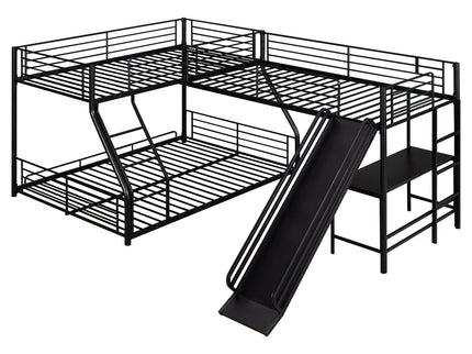 L-Shaped Twin Over Full Bunk Bed With Twin Loft, Built In Desk And Slide - Black