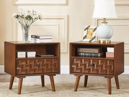 Nightstand With Carved Geometric Drawer Front, 1 Drawer And Open Shelf