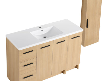 Freestanding Bathroom Vanity Set With Tall Side Cabinet, 3 Drawers And 3 Door Cabinet, Integrated Sink, Large Storage - Glossy White / Light Oak