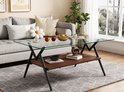 Rectangle Coffee Table With Tempered Glass Top And Shelf