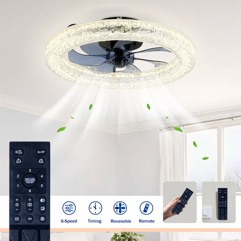LED Light Source And Remote Control, 3000 - 6500K Dimmable Flush Mount LED Fan Light, 6 Speeds, Quiet DC Motor For Living Room - Matte Black