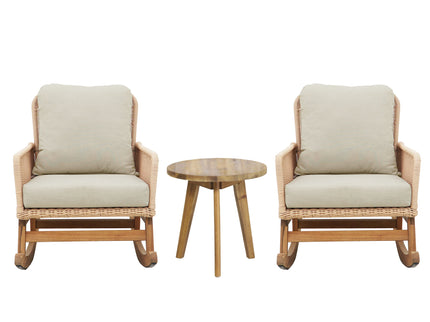 Modern 3 Piece Outdoor Seating Set With Cushioned Rattan Rocking Chairs And Wooden Accent Table